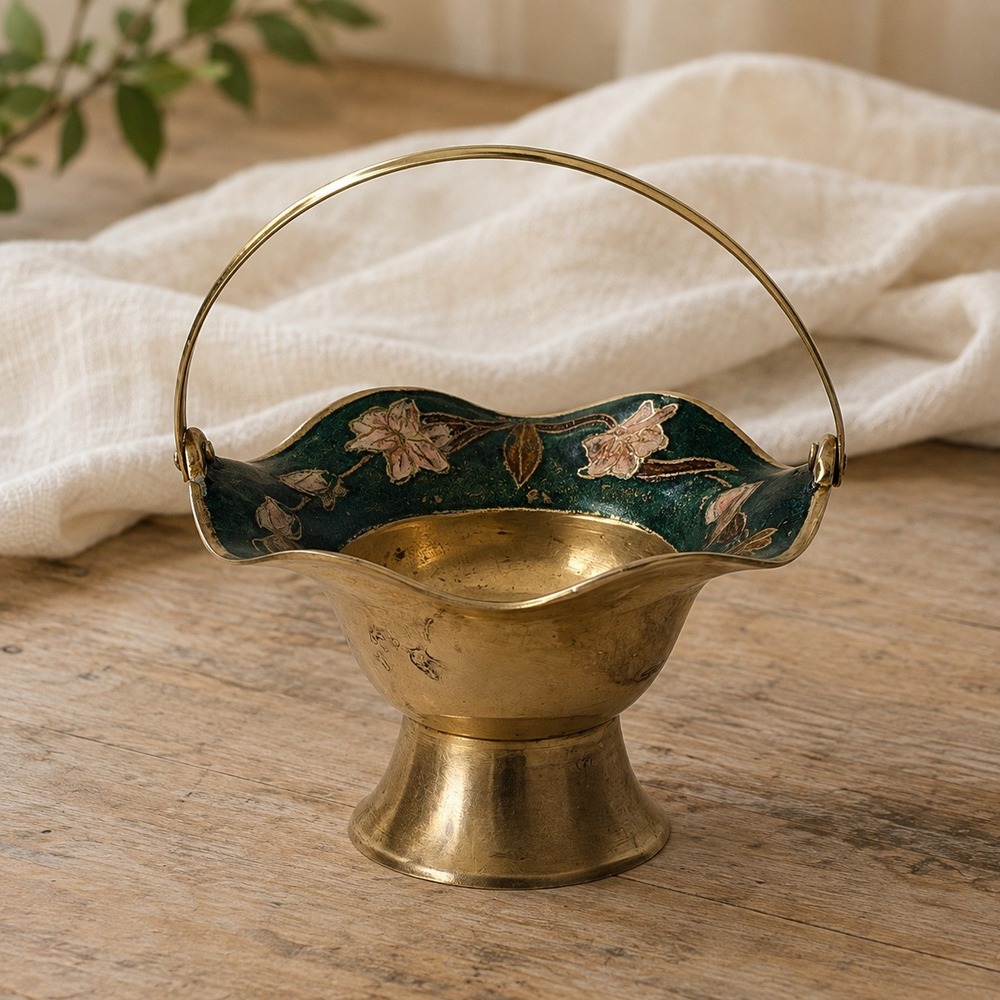 Vintage Brass Enamel Floral Pedestal Basket Handle India Trinket Dish 5"